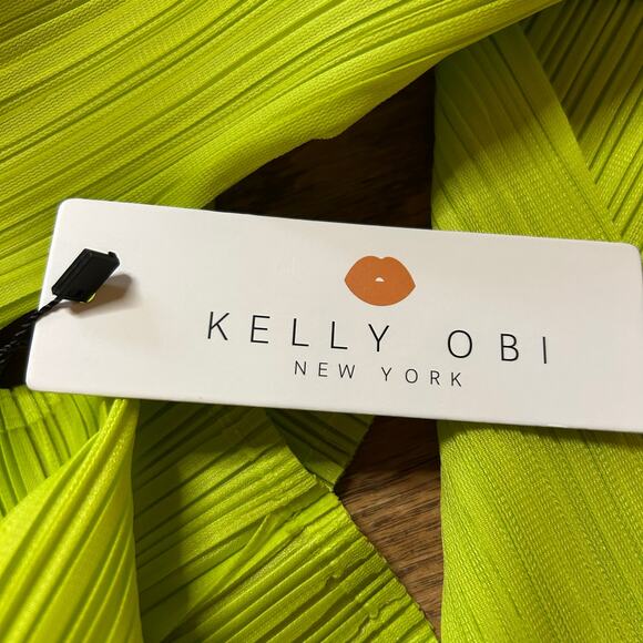 Kelly Obi Pleated Accordion Dress One Size Statement Club Stretchy Green Yellow - Picture 3 of 4